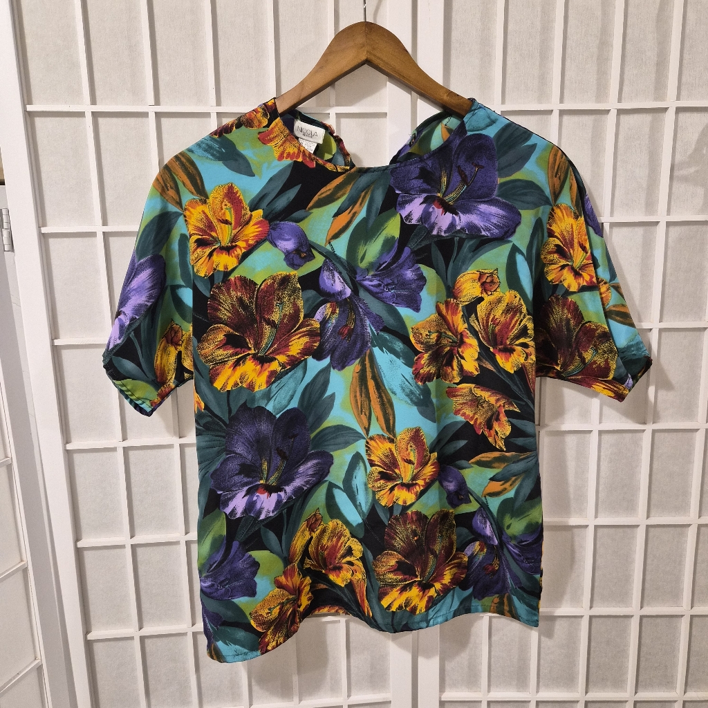 Vintage Tropical Floral Print Short Sleeves Blouse Top Sz S